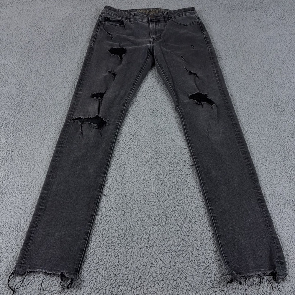 American Eagle Jeans Mens 30x34 Gray Slim Fit Extreme Flex Dark Wash Distressed
